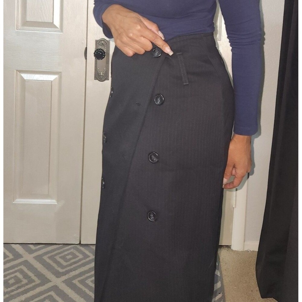 Navy Blue Striped Buttoned Wrap Midi Skirt - Picture 4 of 11